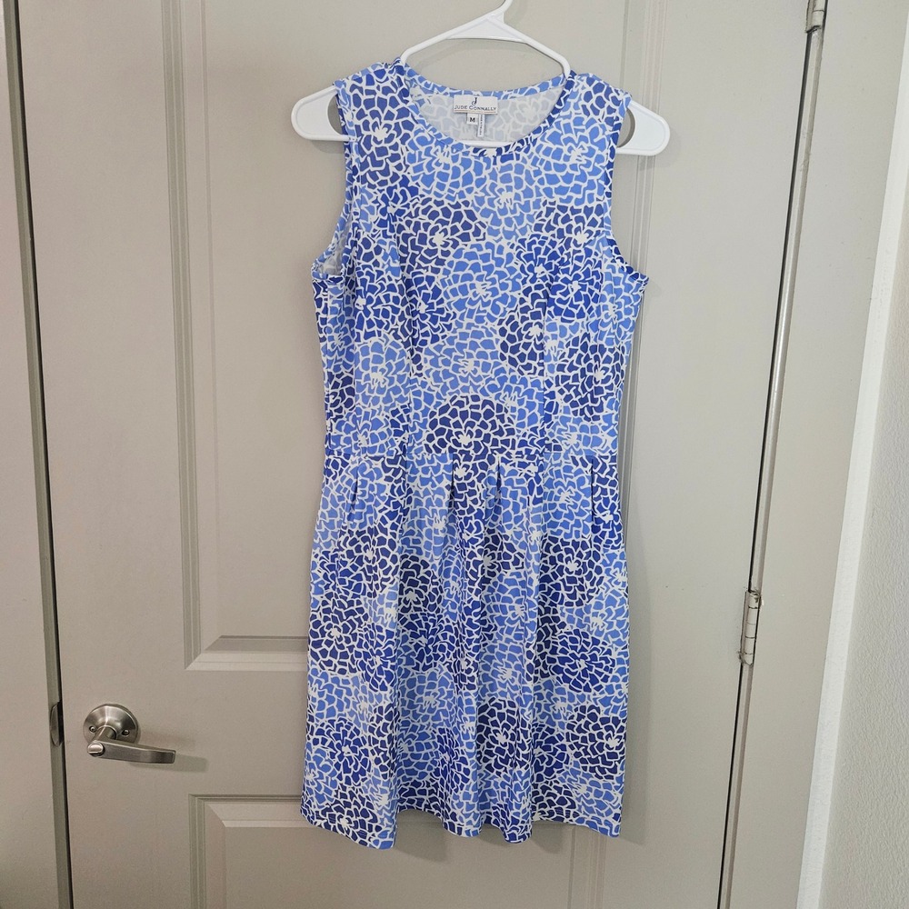 Jude Connally Womens Blue Floral Mosaic Fit Flare Dress Sleeveless Pockets M